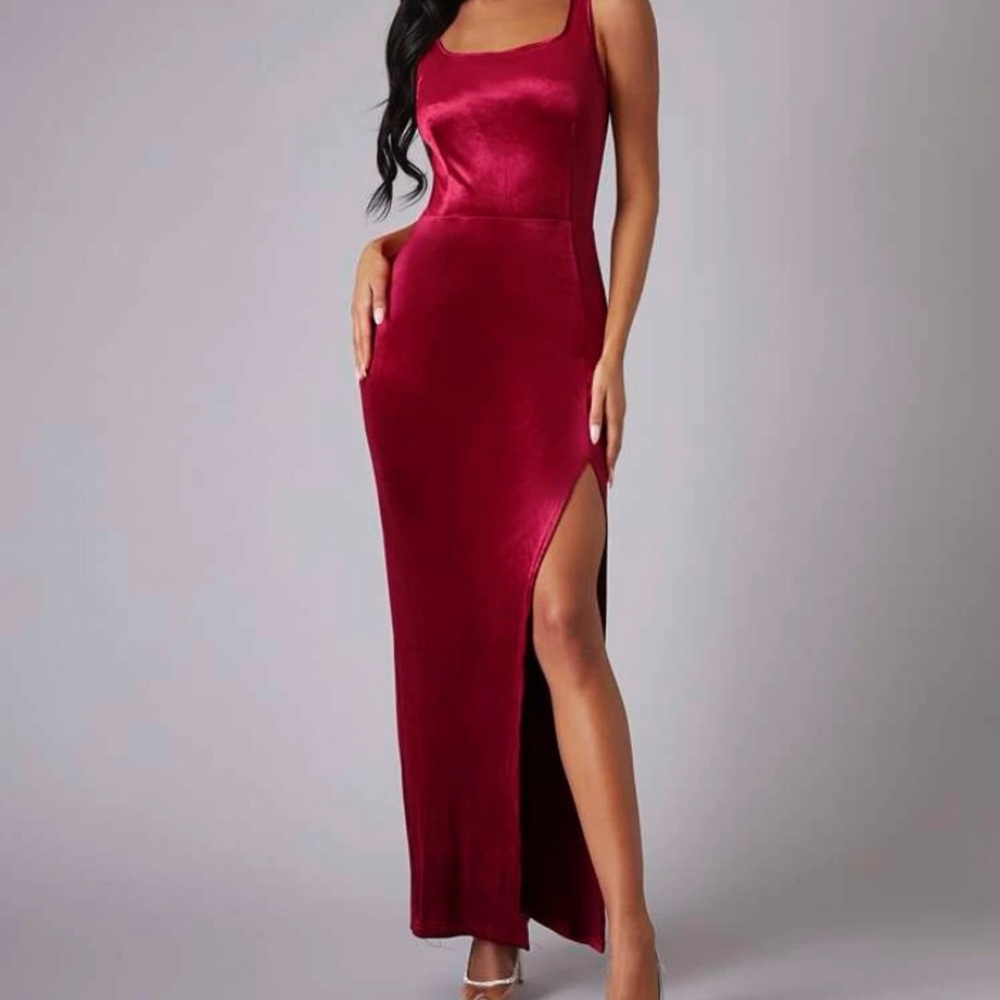 Shein/ Split Thigh Zip Back Velvet Dress